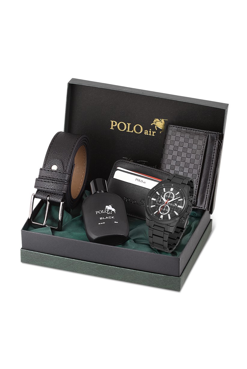 Polo Air Erkek Kol Saati Kemer Cüzdan Kartlık Parfüm Hediyelik Kutusunda Kombin Siyah Set PL-0700E1