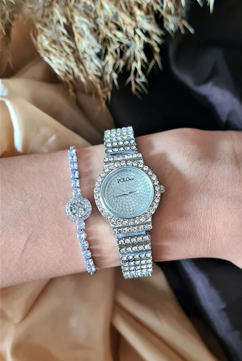 Polo Air Bol Taşlı Vintage Kadın Kol Saati Zirkon Taşlı Bileklik Kombin Gümüş Renk PL-1448B2