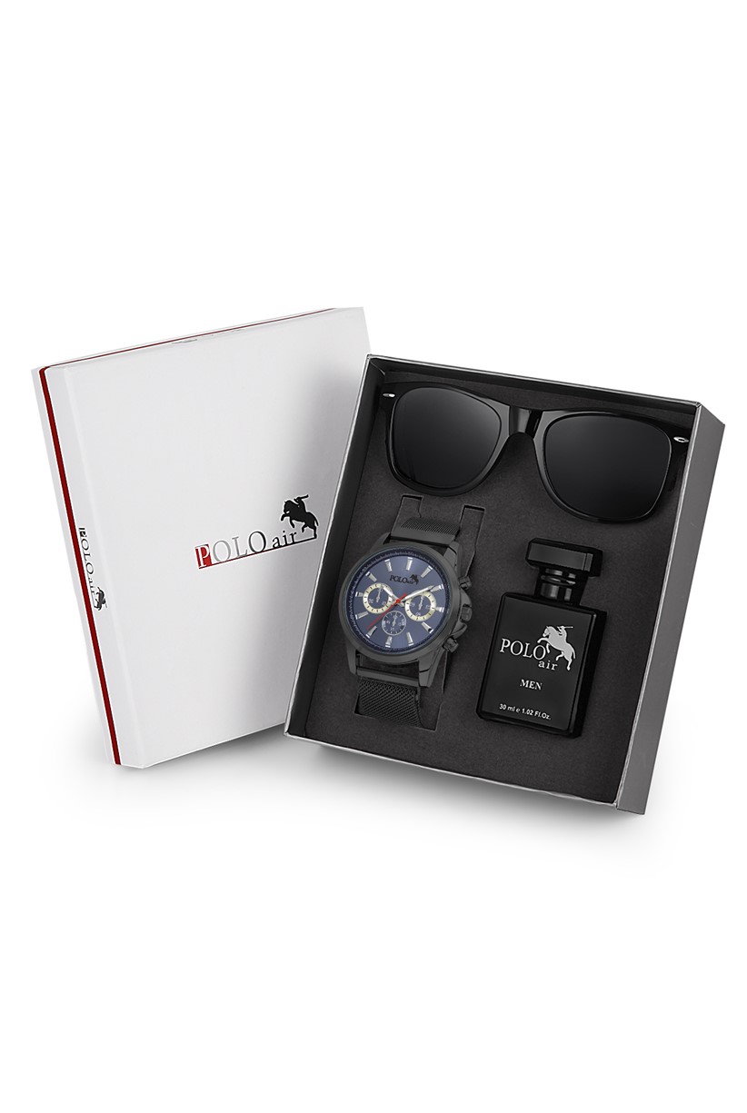 Polo Air Erkek Hediye Seti Saat Gözlük Parfüm Hediyelik Kutusunda Siyah-Lacivert Renk PL-0735E3
