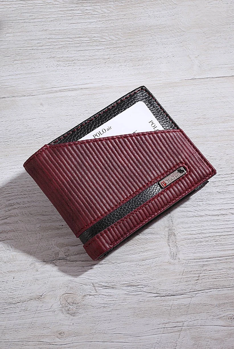 Polo Air Bordo Renk Çizgili Kemer Cüzdan Kartlık Seti SETE-3015-B