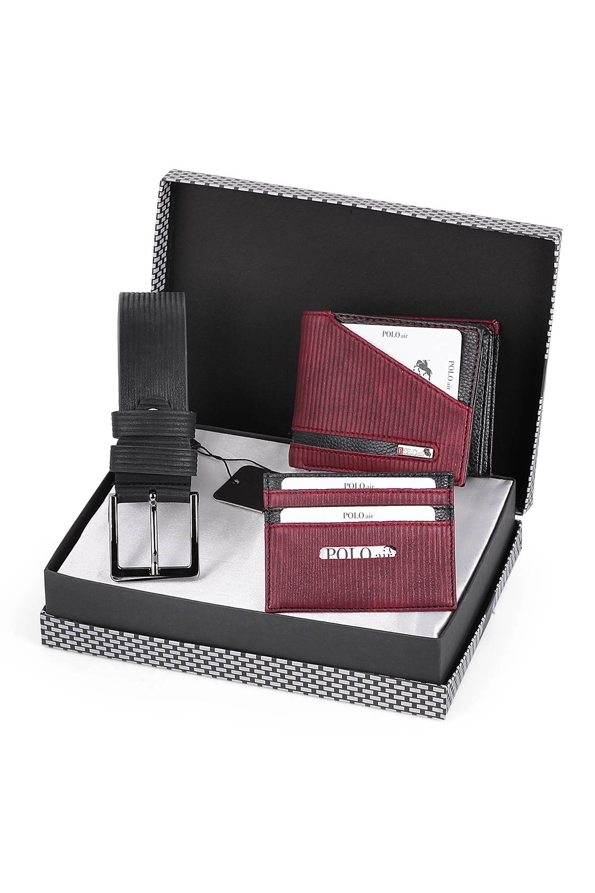 Polo Air Bordo Renk Çizgili Kemer Cüzdan Kartlık Seti SETE-3015-B