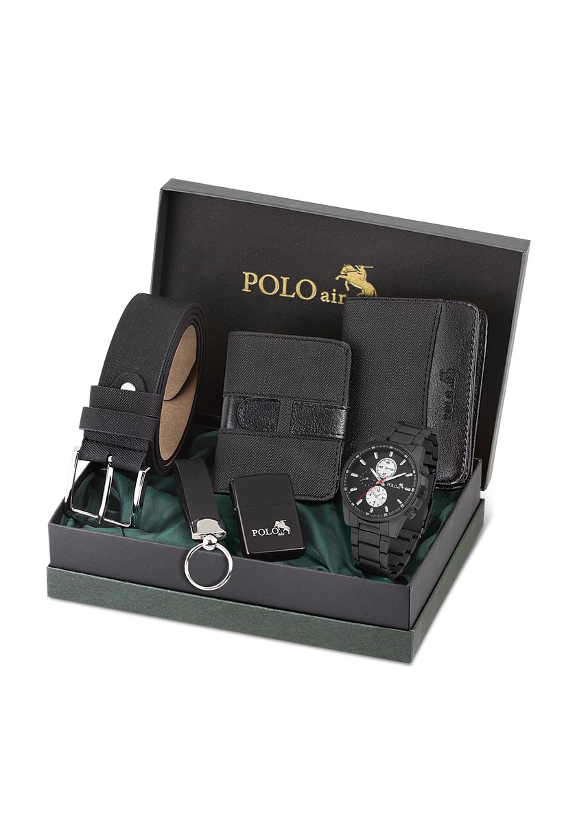 Polo Air Erkek Kol Saati Kemer Cüzdan Kartlık Anahtarlık Çakmak Kombin Set Özel Kutusunda PL-0725E1