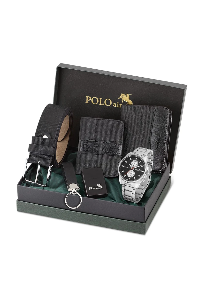 Polo Air Erkek Kol Saati Kemer Cüzdan Kartlık Anahtarlık Çakmak Kombin Set Özel Kutusunda PL-0725E2
