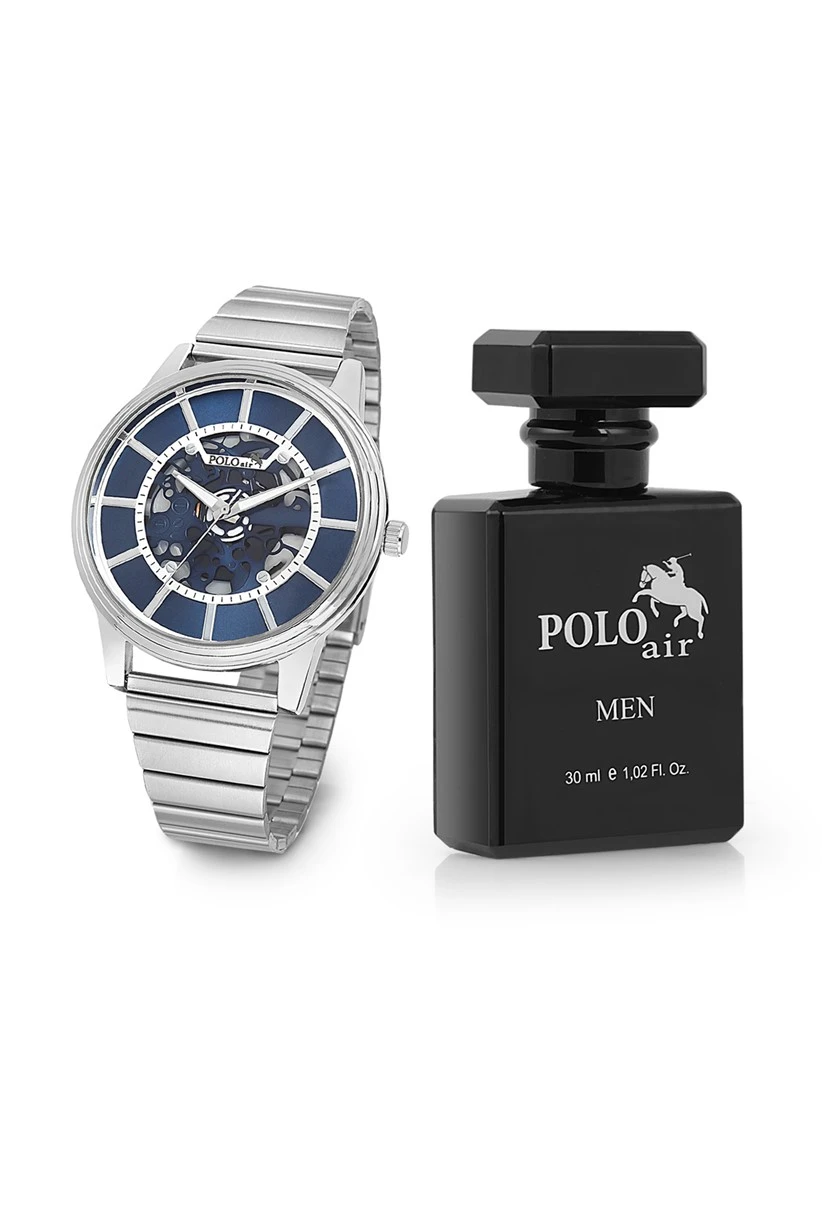 Polo Air Erkek Kol Saati Ve Parfüm Seti Hediyelik Kutusunda Kombin Gümüş-İçi Lacivert PL-0713E2