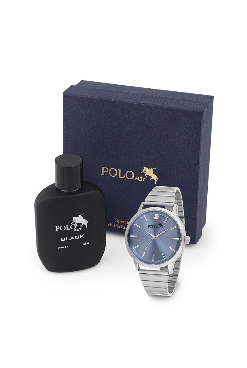 Polo Air Erkek Kol Saati Ve Parfüm Seti Hediyelik Kutusunda Kombin Gümüş-Mavi Renk PL-0771E5