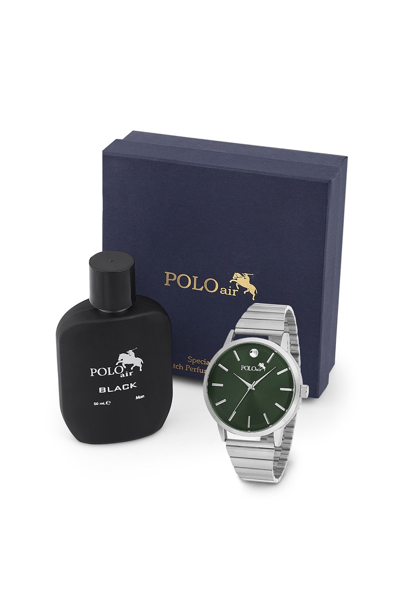 Polo Air Erkek Kol Saati Ve Parfüm Seti Hediyelik Kutusunda Kombin Gümüş-Yeşil Renk PL-0771E6