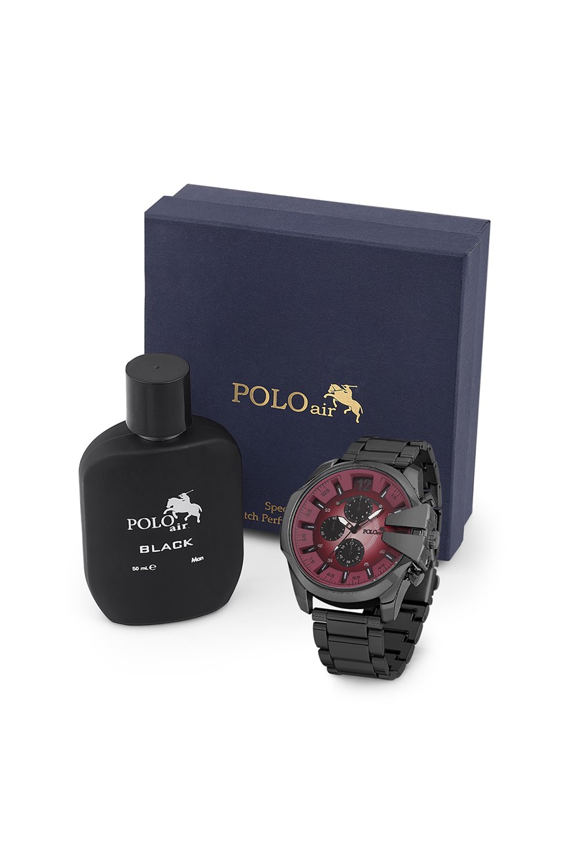 Polo Air Erkek Kol Saati Ve Parfüm Seti Hediyelik Kutusunda Kombin Siyah-Bordo Renk PL-0762E3