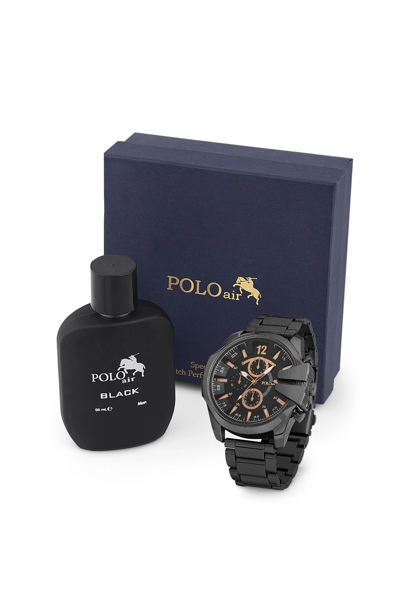 Polo Air Erkek Kol Saati Ve Parfüm Seti Hediyelik Kutusunda Kombin Siyah-İçi Bakır Renk PL-0762E8