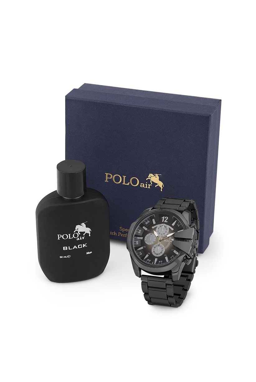 Polo Air Erkek Kol Saati Ve Parfüm Seti Hediyelik Kutusunda Kombin Siyah-İçi Gri Renk PL-0762E5