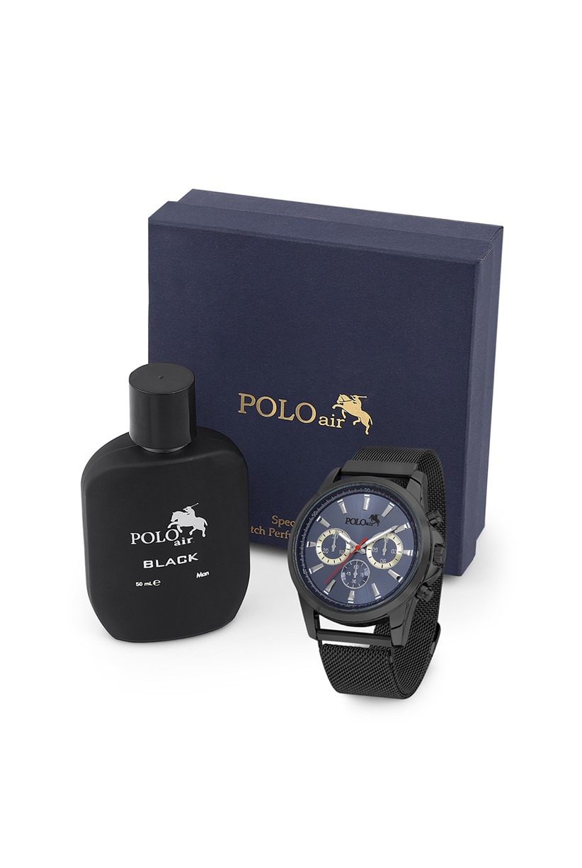 Polo Air Erkek Kol Saati Ve Parfüm Seti Hediyelik Kutusunda Kombin Siyah-İçi Mavi Renk PL-0766E4