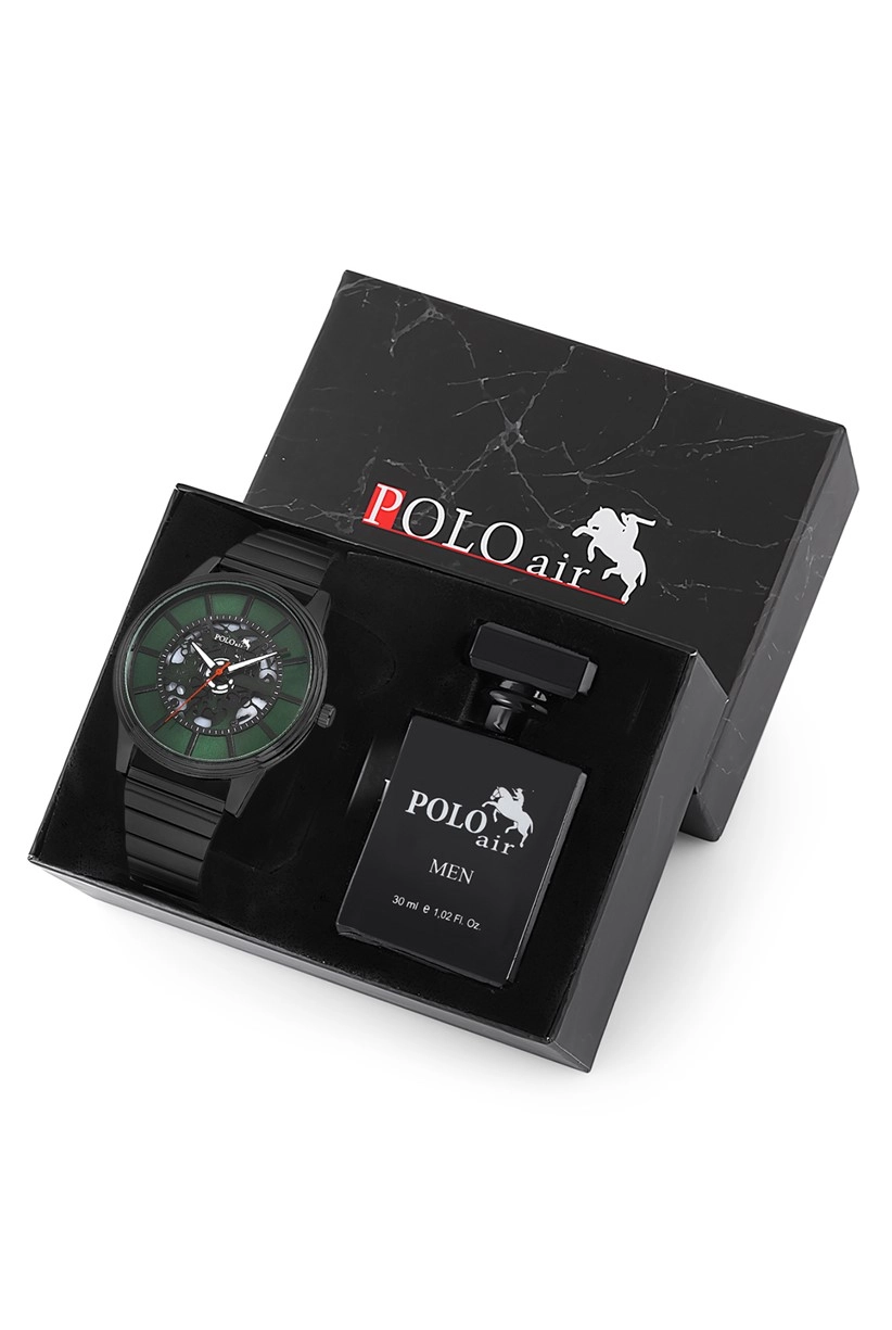 Polo Air Erkek Kol Saati Ve Parfüm Seti Hediyelik Kutusunda Kombin Siyah-İçi Yeşil PL-0713E3