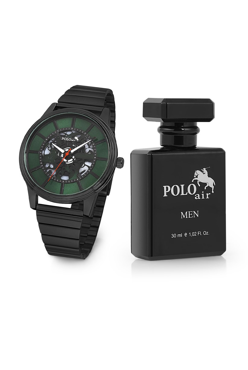 Polo Air Erkek Kol Saati Ve Parfüm Seti Hediyelik Kutusunda Kombin Siyah-İçi Yeşil PL-0713E3