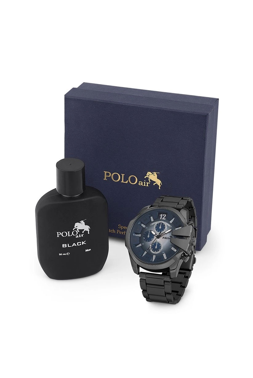 Polo Air Erkek Kol Saati Ve Parfüm Seti Hediyelik Kutusunda Kombin Siyah-Lacivert Renk PL-0762E10