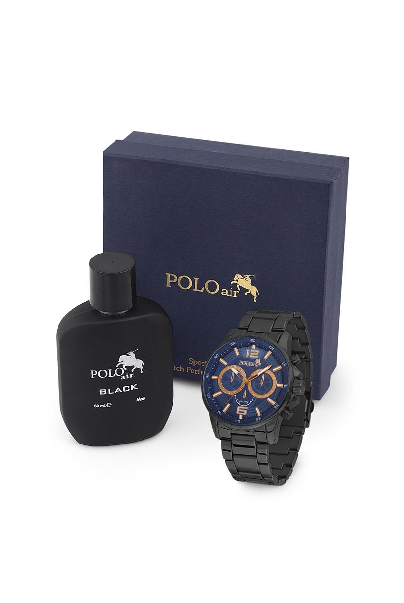 Polo Air Erkek Kol Saati Ve Parfüm Seti Hediyelik Kutusunda Kombin Siyah-Lacivert Renk PL-0769E3
