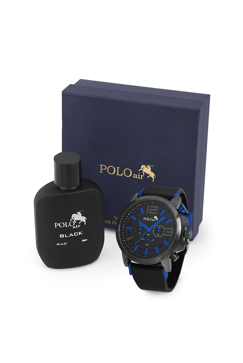 Polo Air Erkek Kol Saati Ve Parfüm Seti Hediyelik Kutusunda Kombin Siyah-Mavi Renk PL-0767E3