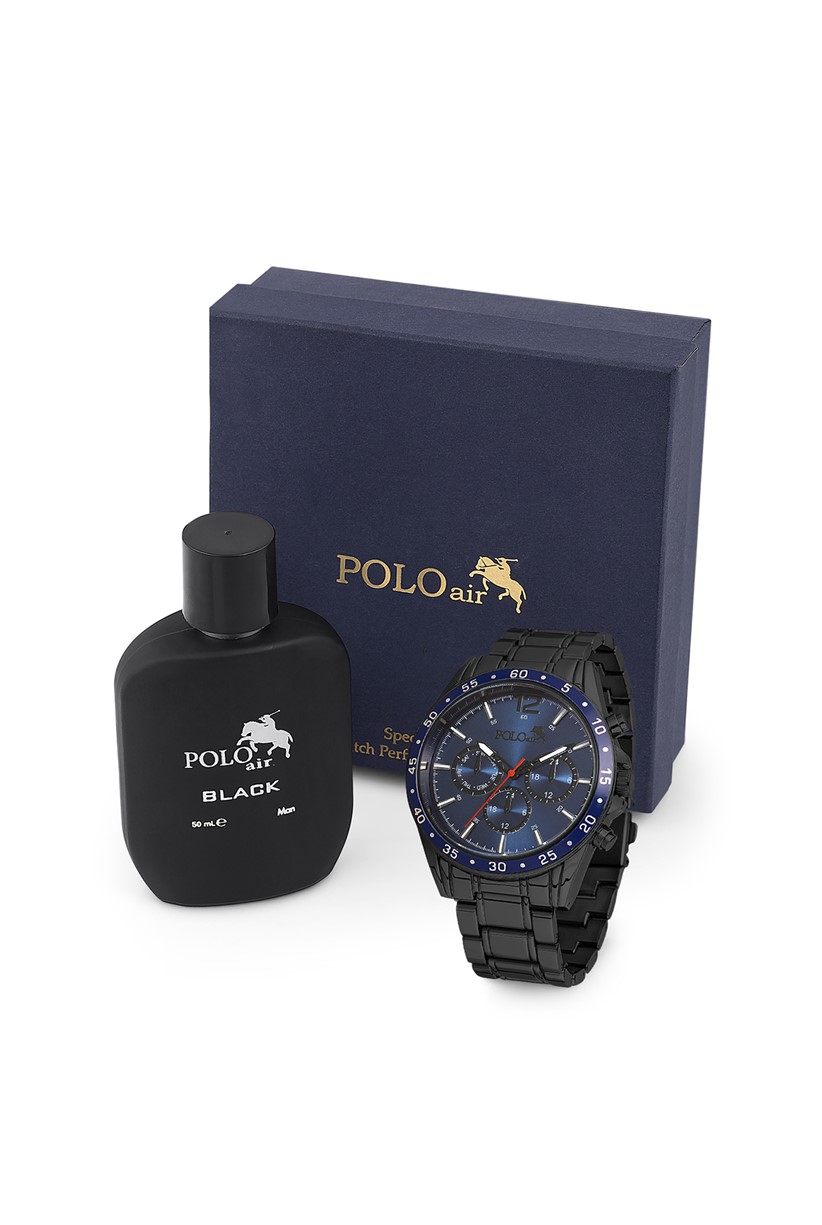 Polo Air Erkek Kol Saati Ve Parfüm Seti Hediyelik Kutusunda Kombin Siyah-Mavi Renk PL-0768E5