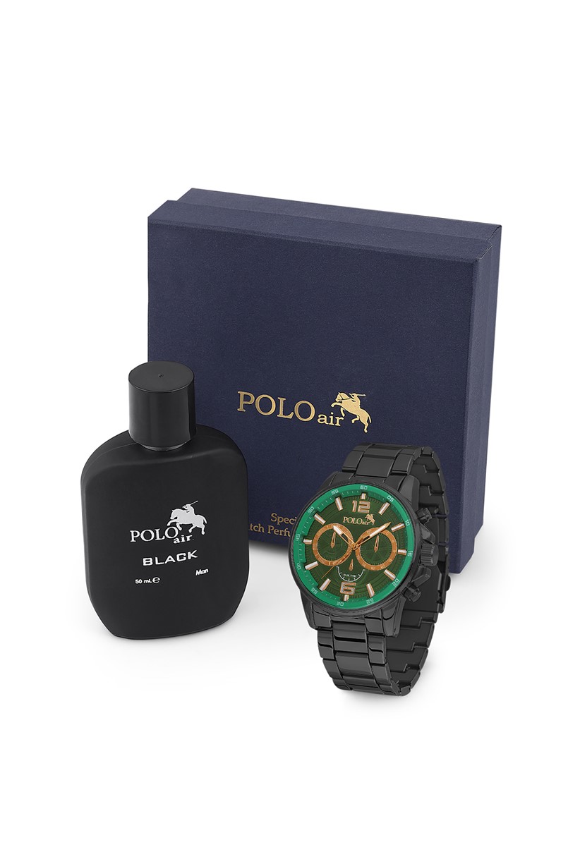 Polo Air Erkek Kol Saati Ve Parfüm Seti Hediyelik Kutusunda Kombin Siyah-Yeşil Renk PL-0769E4