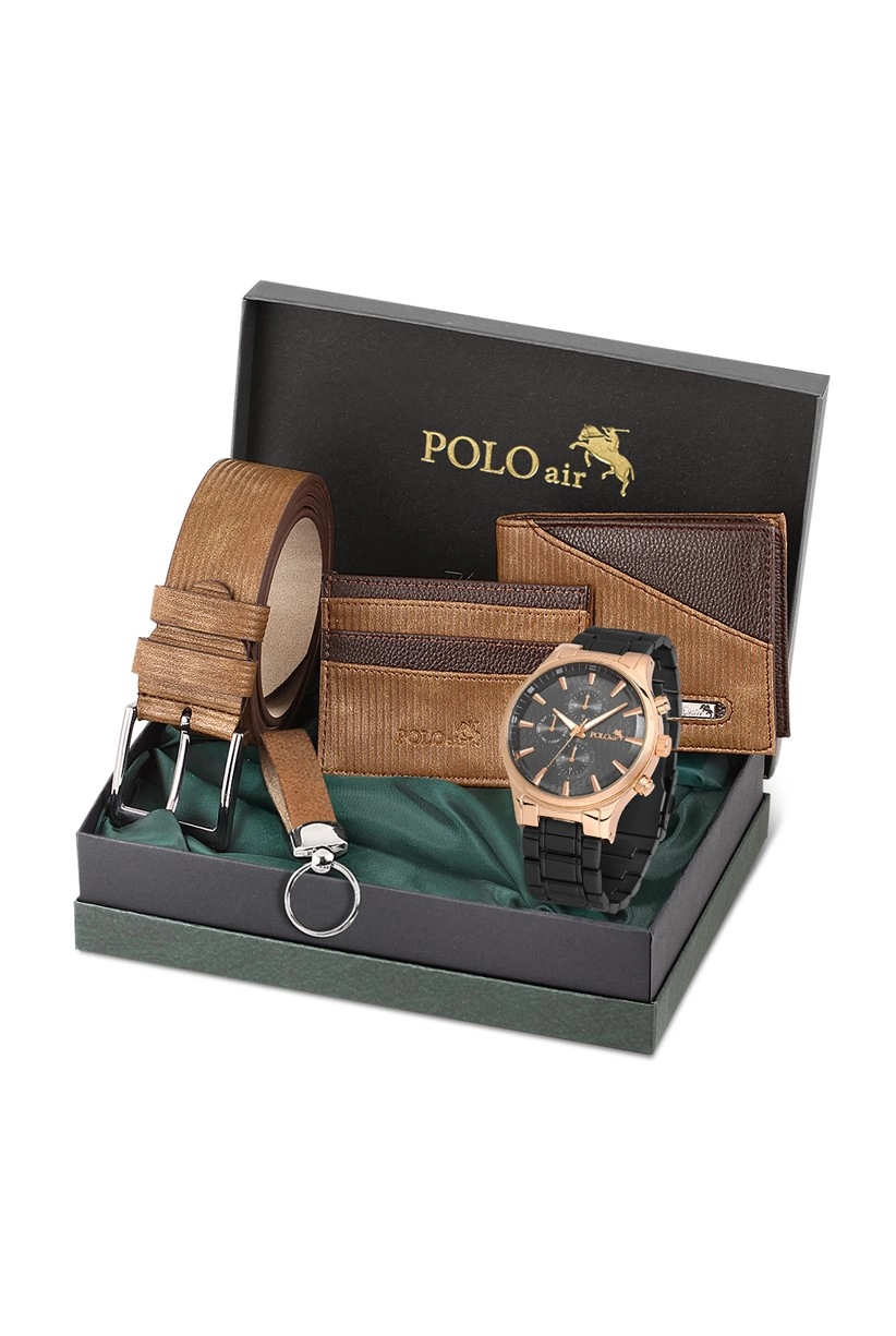 Polo Air Erkek Kombin Set Kol Saati Cüzdan Kartlık Kemer Anahtarlık Özel Kutusunda Taba Set PL-0706E2