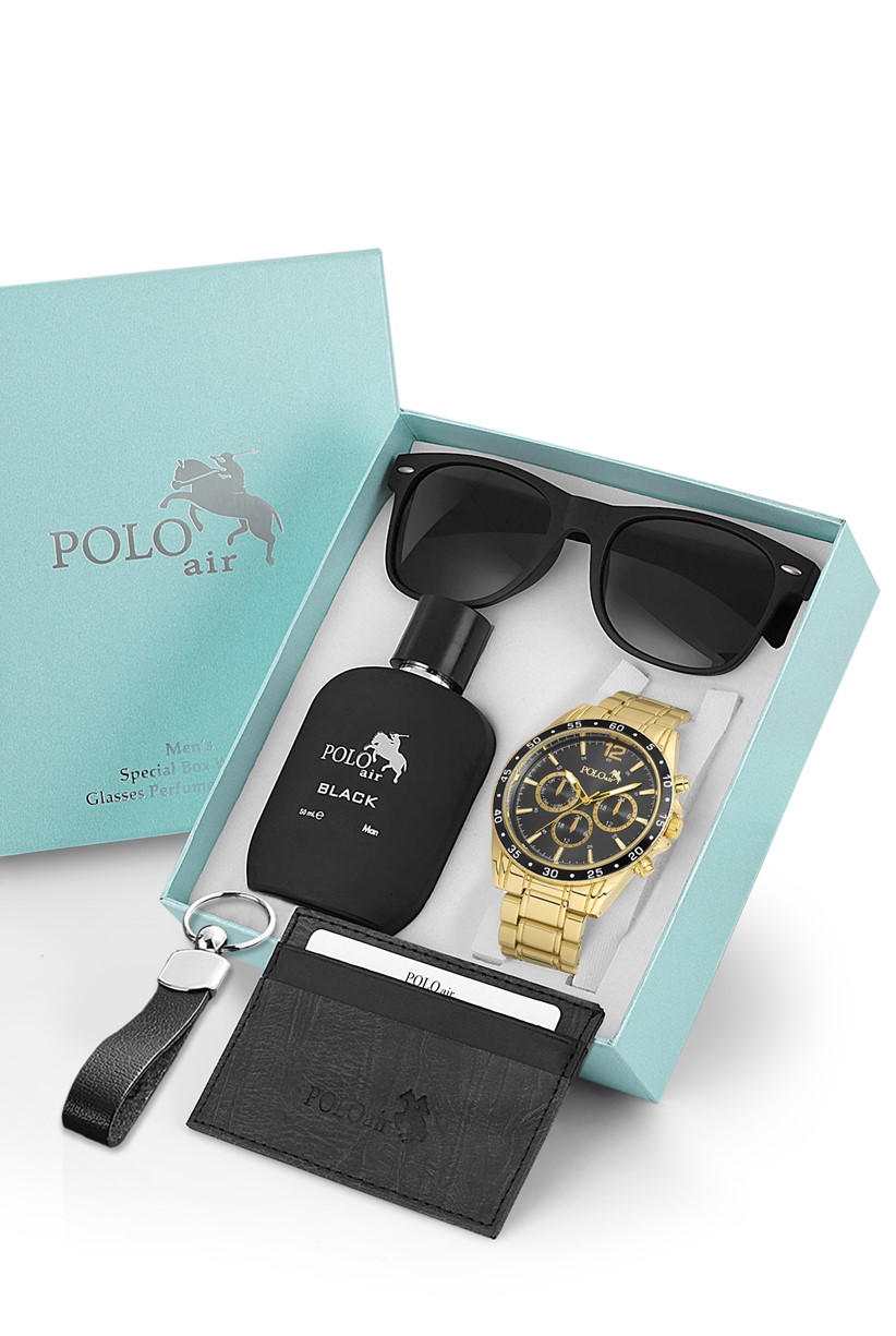 Polo Air Erkek Kombin Set Kol Saati Gözlük Parfüm Kartlık Anahtarlık Özel Kutusunda Altın PL-0746E3