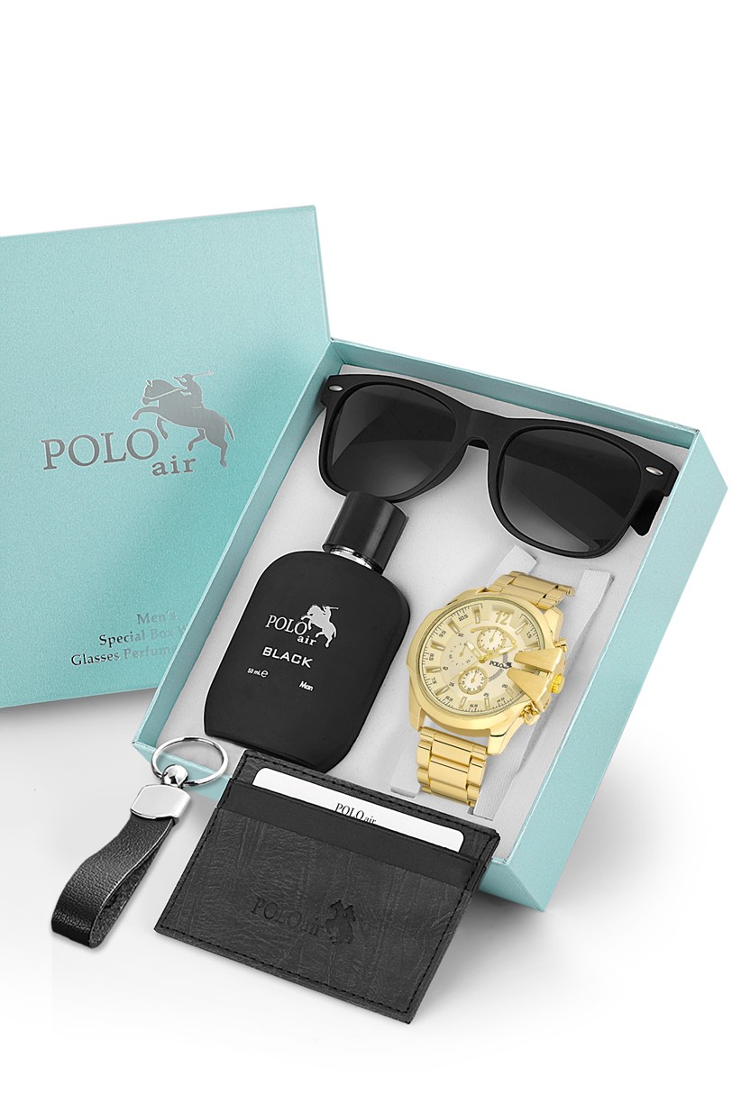 Polo Air Erkek Kombin Set Kol Saati Gözlük Parfüm Kartlık Anahtarlık Özel Kutusunda Altın Renk PL-0742E2