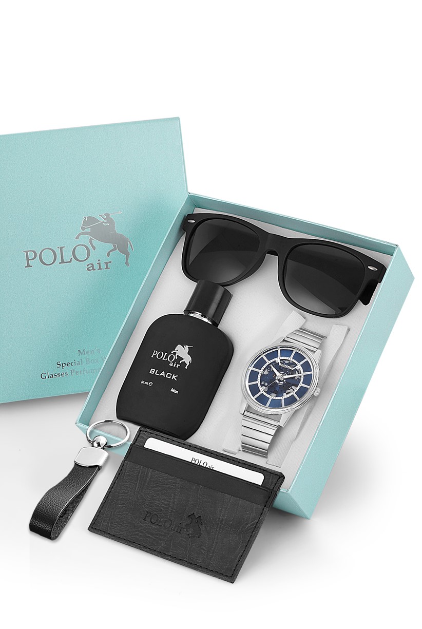 Polo Air Erkek Kombin Set Kol Saati Gözlük Parfüm Kartlık Anahtarlık Özel Kutusunda Gümüş-Mavi PL-0715E2
