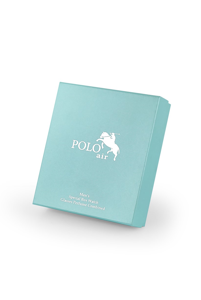 Polo Air Erkek Kombin Set Kol Saati Gözlük Parfüm Kartlık Anahtarlık Özel Kutusunda Gümüş-Mavi PL-0747E4