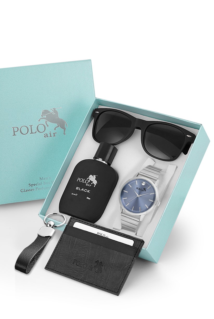 Polo Air Erkek Kombin Set Kol Saati Gözlük Parfüm Kartlık Anahtarlık Özel Kutusunda Gümüş-Mavi PL-0747E4