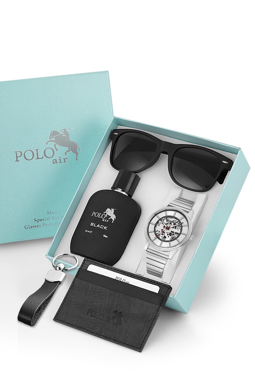 Polo Air Erkek Kombin Set Kol Saati Gözlük Parfüm Kartlık Anahtarlık Özel Kutusunda Gümüş PL-0715E4