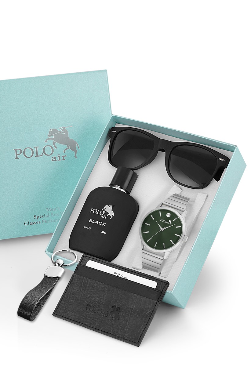 Polo Air Erkek Kombin Set Kol Saati Gözlük Parfüm Kartlık Anahtarlık Özel Kutusunda Gümüş-Yeşil PL-0747E5