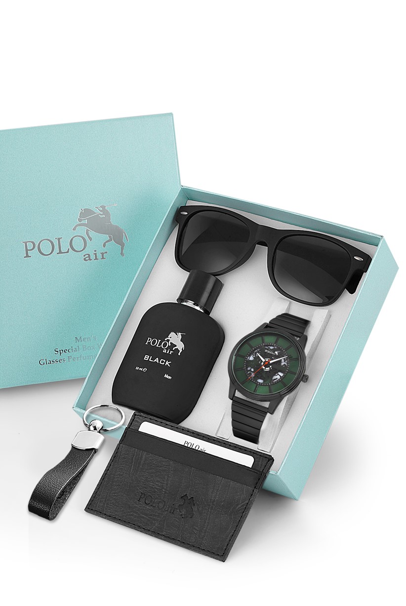 Polo Air Erkek Kombin Set Kol Saati Gözlük Parfüm Kartlık Anahtarlık Özel Kutusunda Siyah-Yeşil PL-0715E3