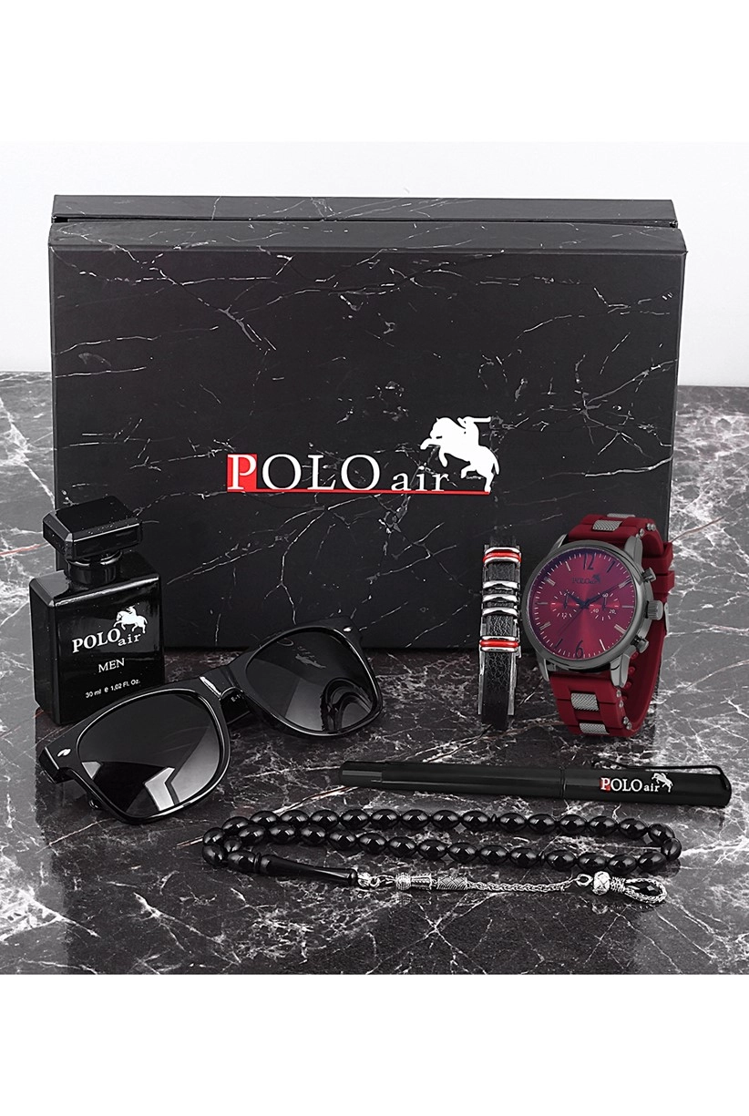 Polo Air Erkek Set Saat Gözlük Parfüm Tesbih Kalem Bileklik Özel Kutulu Bordo Renk PL-0760E2
