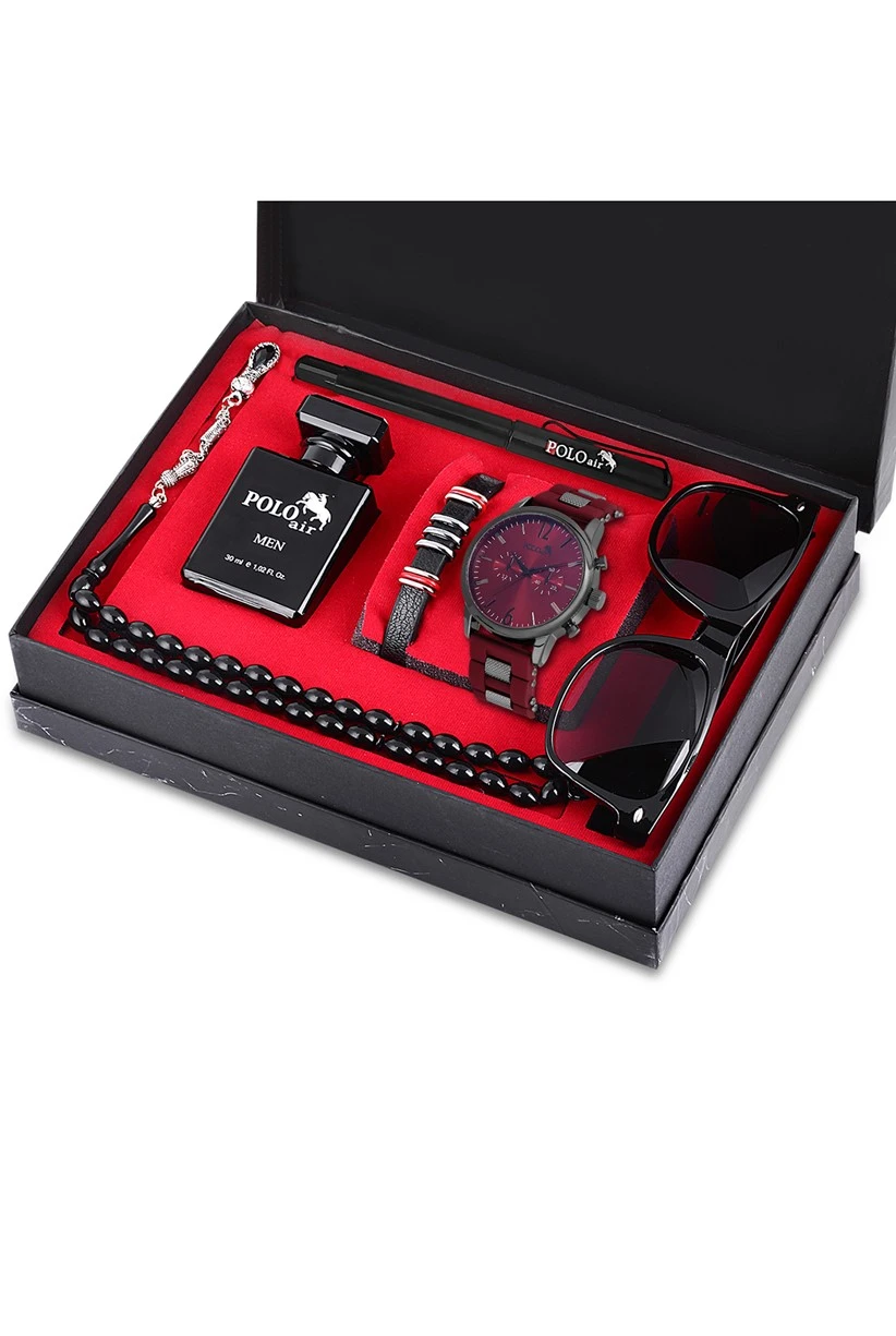 Polo Air Erkek Set Saat Gözlük Parfüm Tesbih Kalem Bileklik Özel Kutulu Bordo Renk PL-0760E2