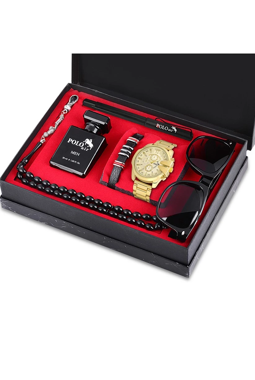 Polo Air Erkek Set Saat Gözlük Parfüm Tesbih Kalem Bileklik Özel Kutulu Sarı Renk PL-0753E2