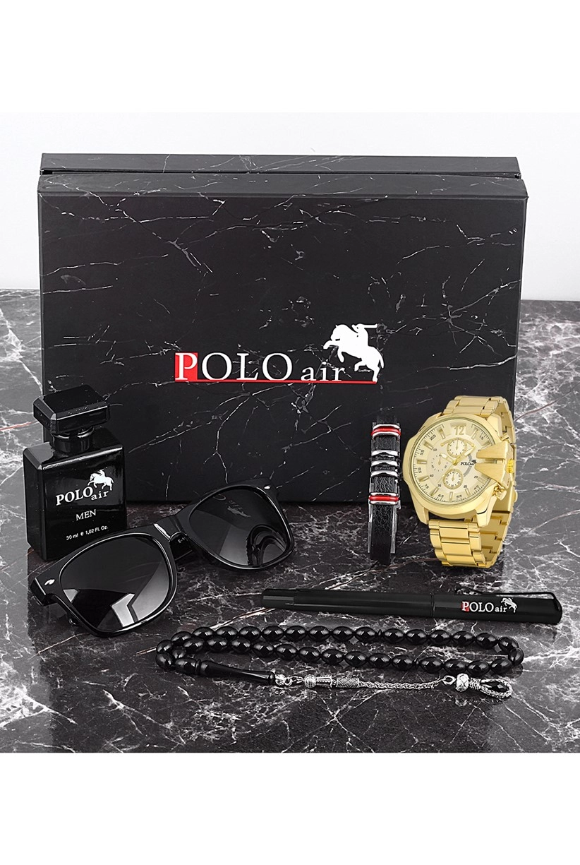 Polo Air Erkek Set Saat Gözlük Parfüm Tesbih Kalem Bileklik Özel Kutulu Sarı Renk PL-0753E2