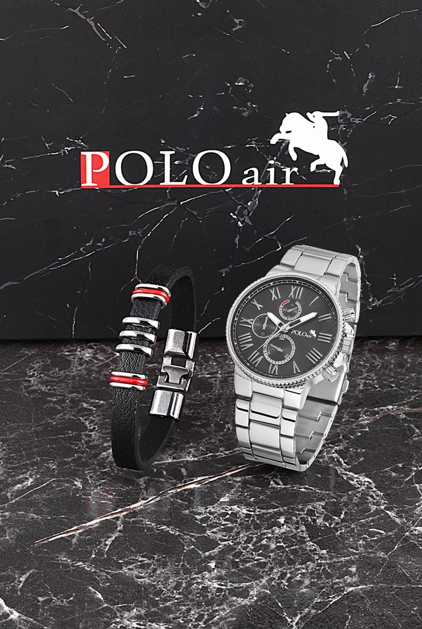 Polo Air Erkek Set Saat Gözlük Parfüm Tesbih Kalem Bileklik Özel Kutulu Set Gümüş-İçi Siyah Renk PL-0707E4