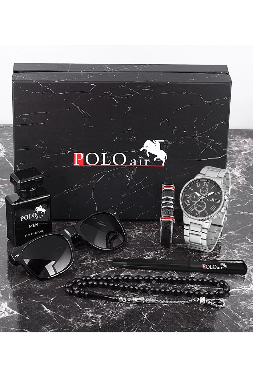 Polo Air Erkek Set Saat Gözlük Parfüm Tesbih Kalem Bileklik Özel Kutulu Set Gümüş-İçi Siyah Renk PL-0707E4