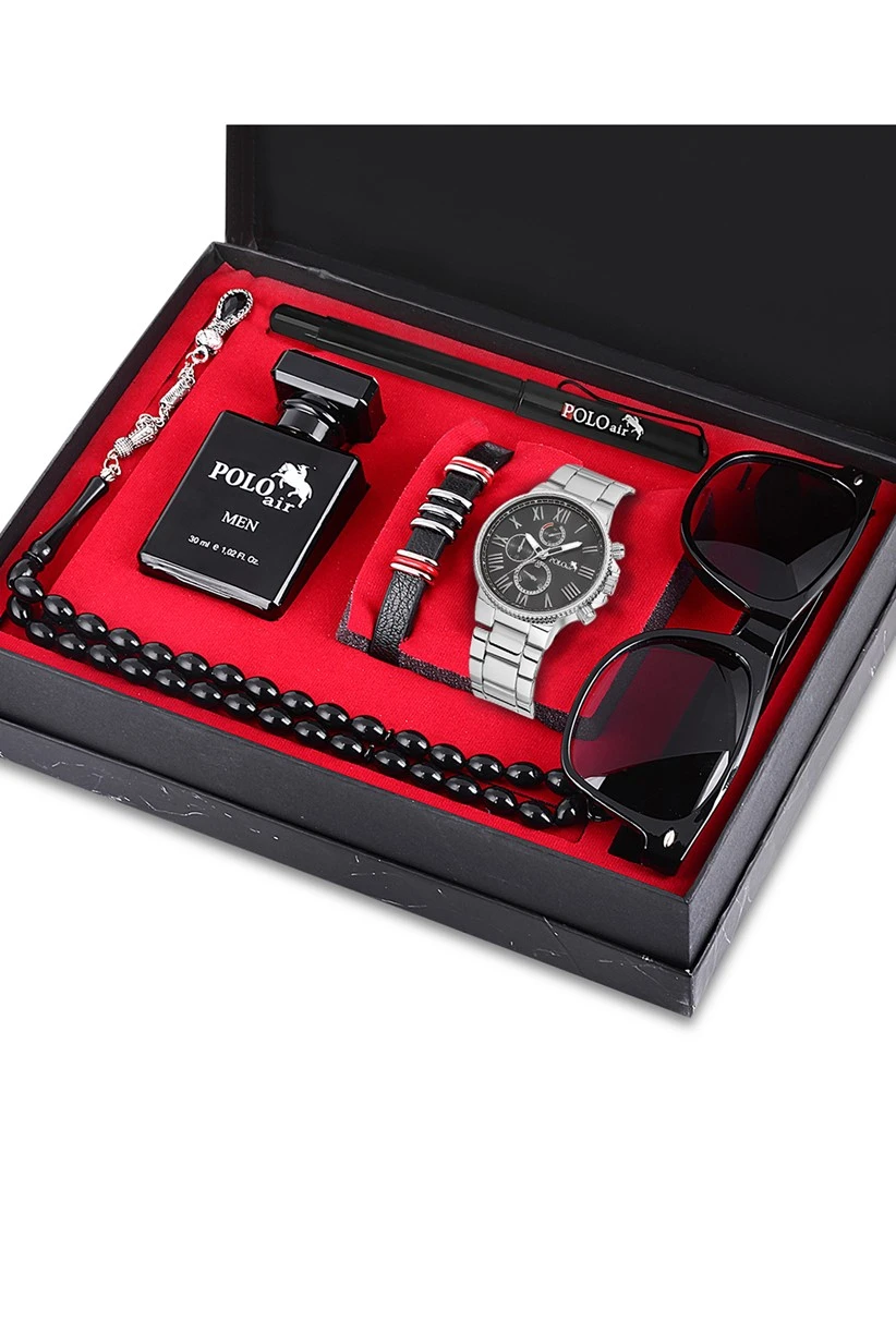 Polo Air Erkek Set Saat Gözlük Parfüm Tesbih Kalem Bileklik Özel Kutulu Set Gümüş-İçi Siyah Renk PL-0707E4