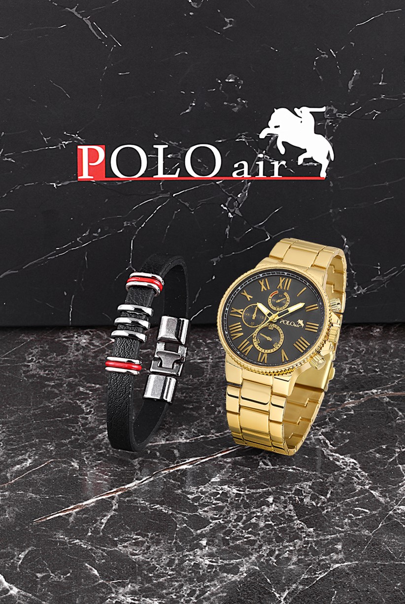 Polo Air Erkek Set Saat Gözlük Parfüm Tesbih Kalem Bileklik Özel Kutulu Set Sarı-Siyah Renk PL-0707E5