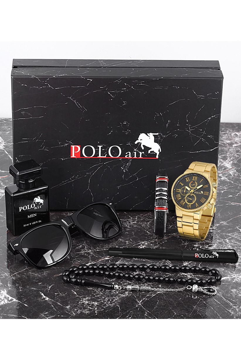 Polo Air Erkek Set Saat Gözlük Parfüm Tesbih Kalem Bileklik Özel Kutulu Set Sarı-Siyah Renk PL-0707E5