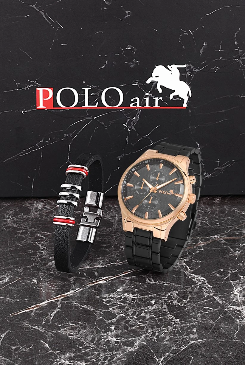 Polo Air Erkek Set Saat Gözlük Parfüm Tesbih Kalem Bileklik Özel Kutulu Set Siyah Bakır Renk PL-0718E2