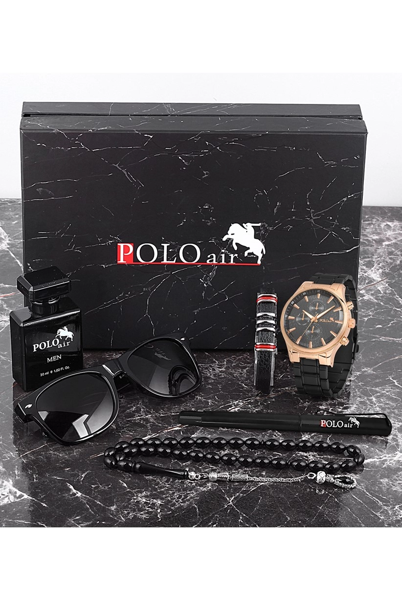 Polo Air Erkek Set Saat Gözlük Parfüm Tesbih Kalem Bileklik Özel Kutulu Set Siyah Bakır Renk PL-0718E2