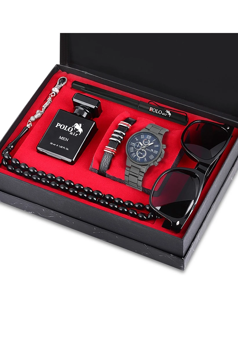 Polo Air Erkek Set Saat Gözlük Parfüm Tesbih Kalem Bileklik Özel Kutulu Set Siyah-İçi Lacivert PL-0707E2