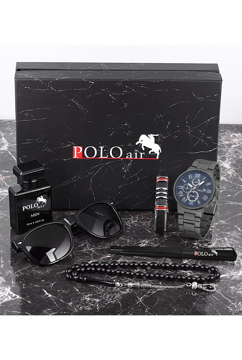 Polo Air Erkek Set Saat Gözlük Parfüm Tesbih Kalem Bileklik Özel Kutulu Set Siyah-İçi Lacivert PL-0707E2