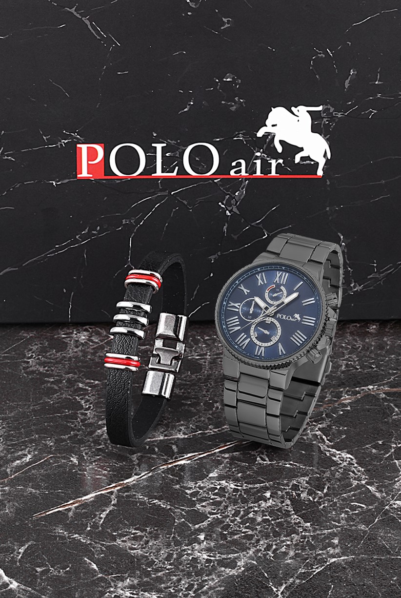 Polo Air Erkek Set Saat Gözlük Parfüm Tesbih Kalem Bileklik Özel Kutulu Set Siyah-İçi Lacivert PL-0707E2