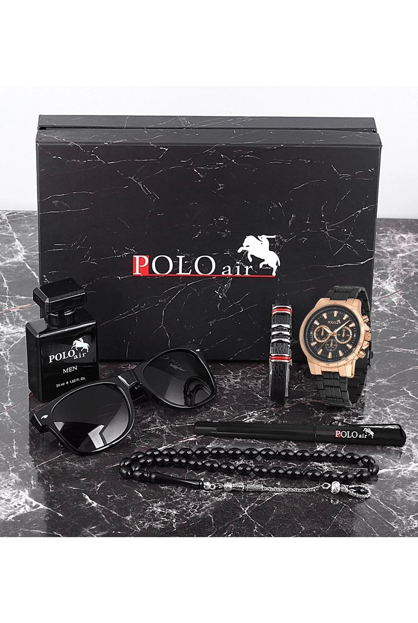 Polo Air Erkek Set Saat Gözlük Parfüm Tesbih Kalem Bileklik Özel Kutulu Siyah-Bakır Set PL-0712E2