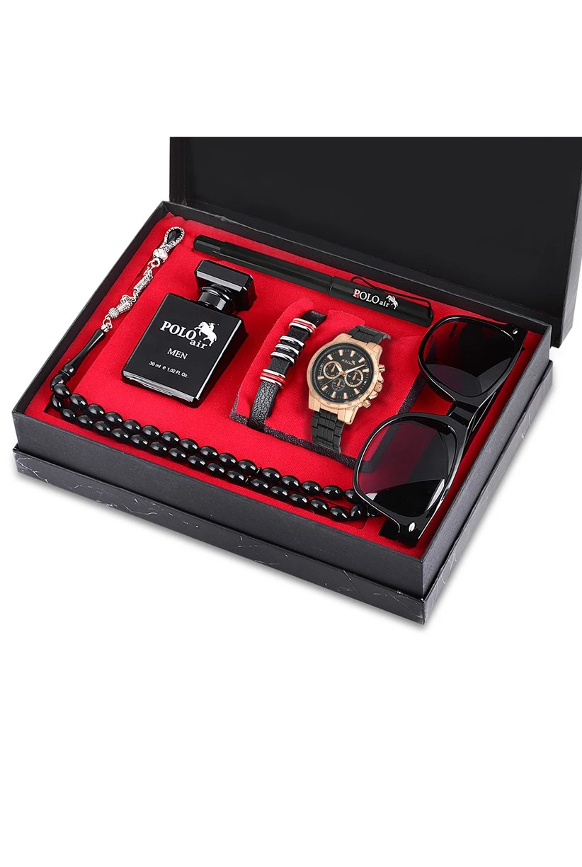 Polo Air Erkek Set Saat Gözlük Parfüm Tesbih Kalem Bileklik Özel Kutulu Siyah-Bakır Set PL-0712E2