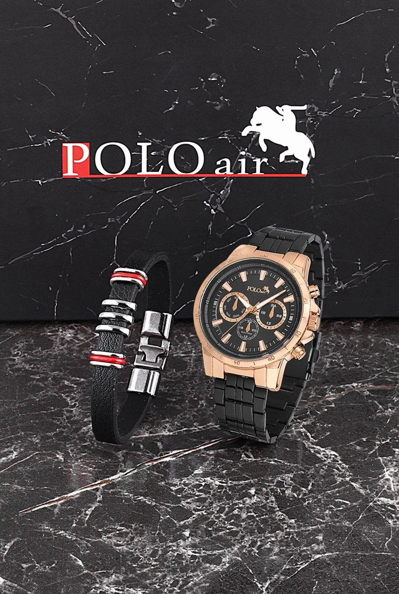 Polo Air Erkek Set Saat Gözlük Parfüm Tesbih Kalem Bileklik Özel Kutulu Siyah-Bakır Set PL-0712E2