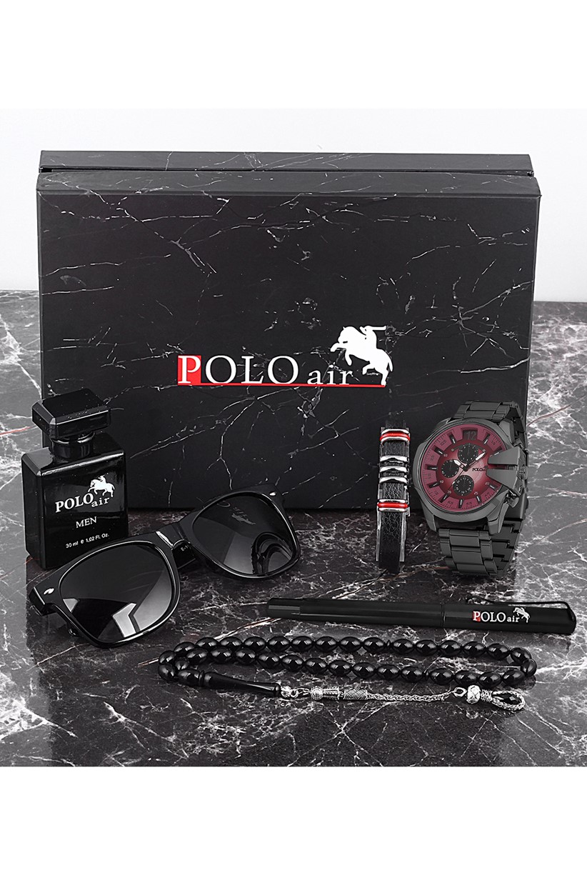 Polo Air Erkek Set Saat Gözlük Parfüm Tesbih Kalem Bileklik Özel Kutulu Siyah-Bordo Renk PL-0753E3