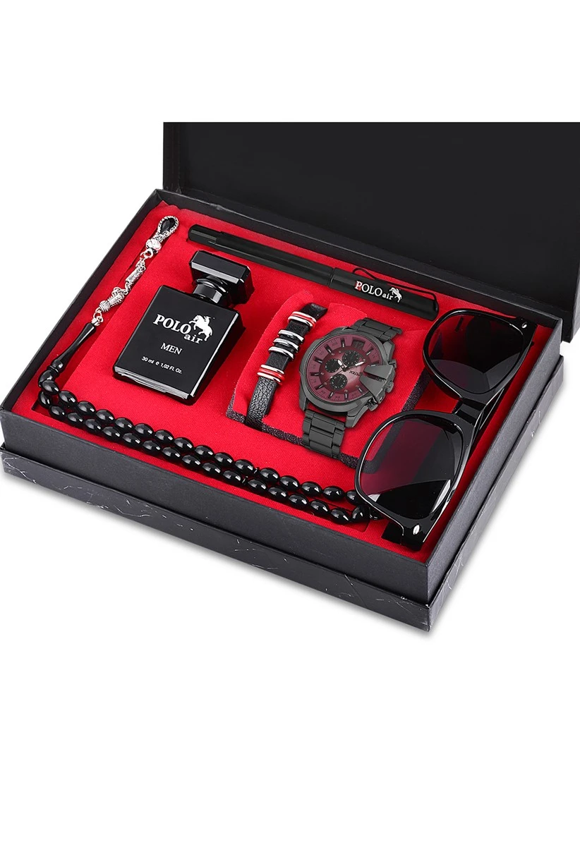 Polo Air Erkek Set Saat Gözlük Parfüm Tesbih Kalem Bileklik Özel Kutulu Siyah-Bordo Renk PL-0753E3