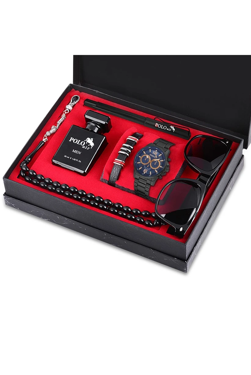 Polo Air Erkek Set Saat Gözlük Parfüm Tesbih Kalem Bileklik Özel Kutulu Siyah-İçi Lacivert PL-0759E3